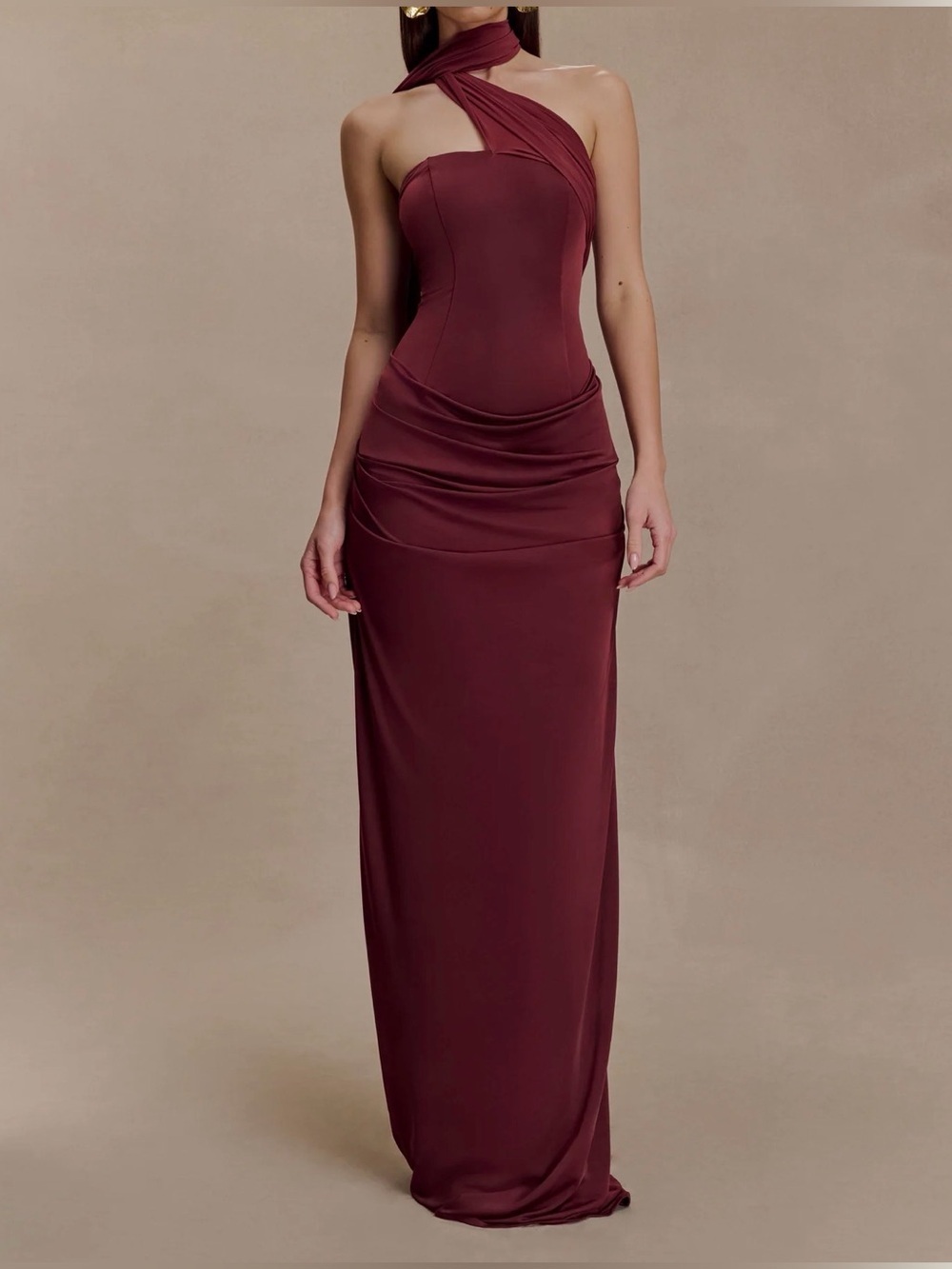 Meshki One-Shoulder Burgundy Evening Dress